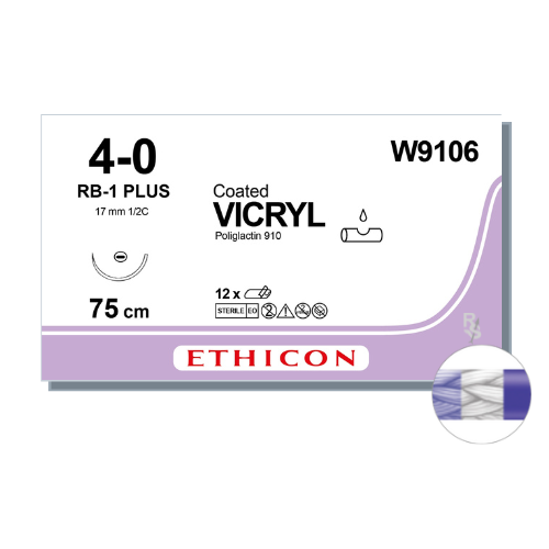 4/0 COATED VICRYL® Violet RB-1 plus 17mm 1/2 circle taper point 75cm (12pcs)